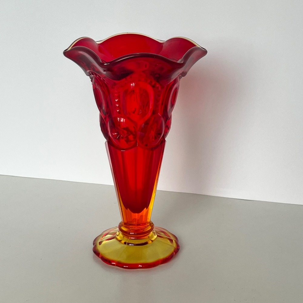 LE Smith Amberina Moon and Star Glass Vase Red Orange Ruffled Pedestal 6.5"